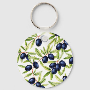 Elegant Watercolor Black Olives Seamless Pattern  Keychain
