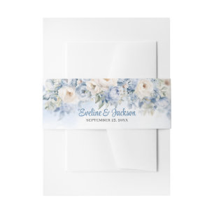 Elegant watercolor blue and ivory roses eucalyptus invitation belly band