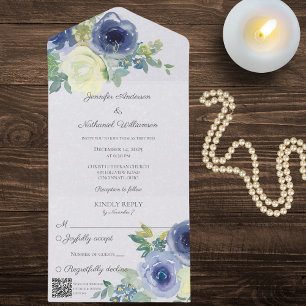 Elegant Watercolor Blue and Ivory Roses QR Code  All In One Invitation