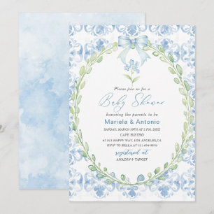 Elegant Watercolor Blue Bow Boy Baby Shower Invitation