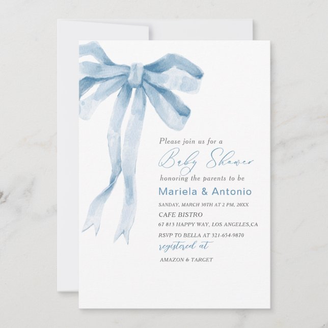 Elegant  Watercolor Blue Bow Boy Baby Shower Invitation (Front)
