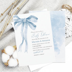 Elegant  Watercolor Blue Bow Boy Baby Shower Invitation