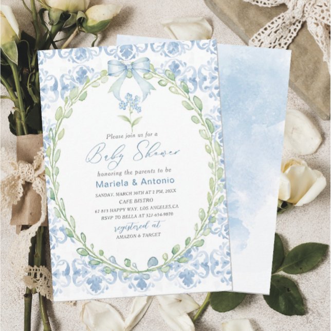 Elegant  Watercolor Blue Bow Boy Baby Shower Invitation (Creator Uploaded)