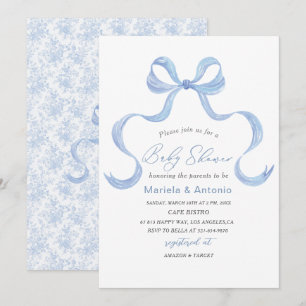 Elegant Watercolor Blue Bow Boy Baby Shower Invitation