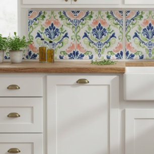 Elegant Watercolor Blue Coral Green Damask Pattern Tile