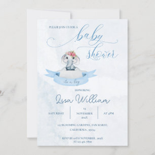 Elegant Watercolor Blue Cute Elephant Baby Shower  Invitation