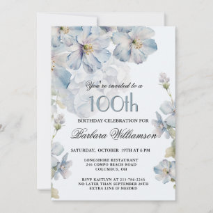 Elegant Watercolor Blue Floral 100th Birthday  Invitation