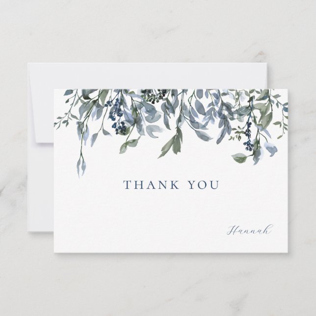 Elegant Watercolor Blue Floral Thank You Note Card (Front)