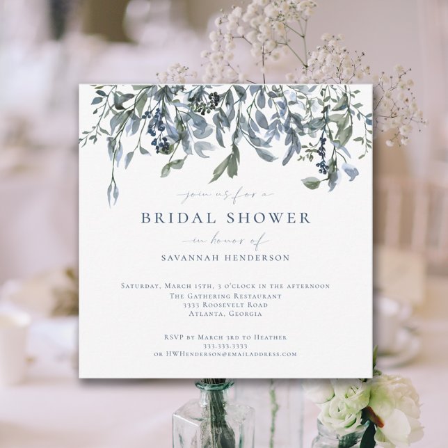 Elegant Watercolor Blue Floral Vines Bridal Shower Invitation (Creator Uploaded)