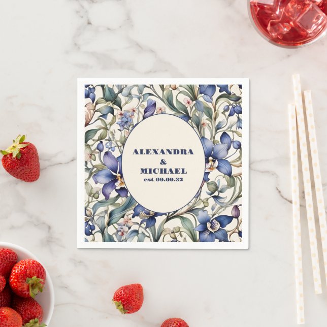 Elegant Watercolor Blue Floral Wedding Napkin (Insitu)