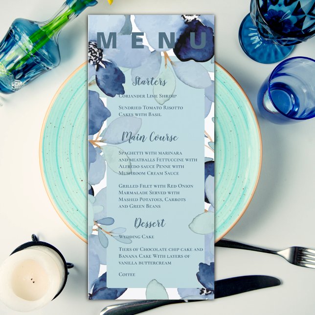 Elegant Watercolor Blue Floral Wedding Party Menu (Pretty Watercolor Blue Floral Wedding Party Menu)