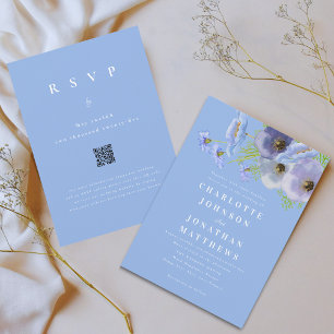 Elegant Watercolor Blue Floral Wedding QR Code Invitation