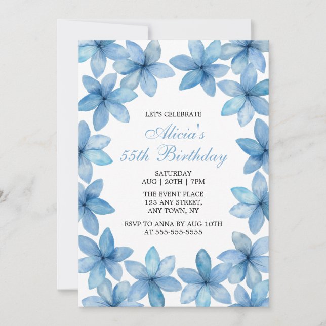 Elegant Watercolor Blue Flower Any Age Birthday Invitation (Front)