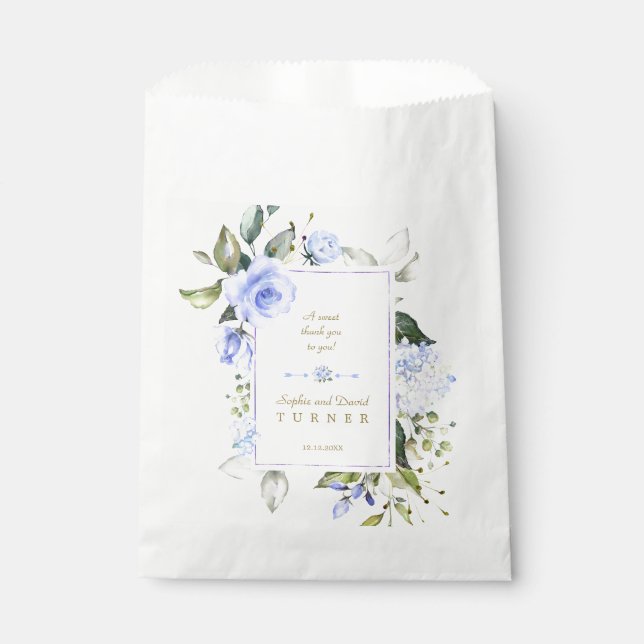 Elegant Watercolor Blue Flowers Frame Wedding Favour Bag (Front)