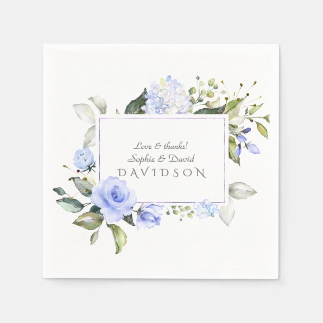 Elegant Watercolor Blue Flowers Frame Wedding Napkin (Front)