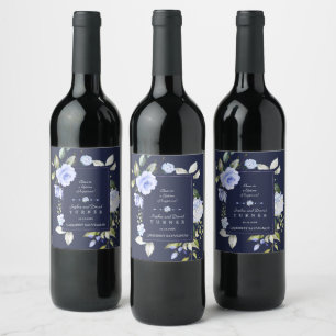 Elegant Watercolor Blue Flowers Frame Wedding Wine Label