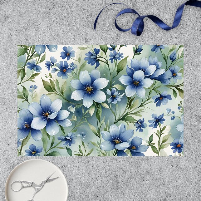 Elegant Watercolor Blue Flowers with Green Leaves Tissue Paper (Creator Uploaded)