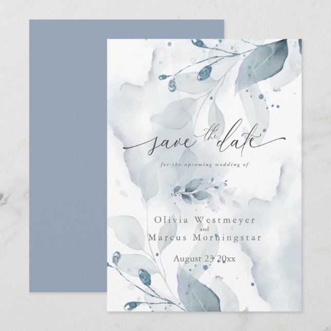 Elegant Watercolor Blue Foliage Save the Date  Invitation (Front/Back)
