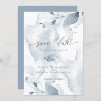 Elegant Watercolor Blue Foliage Save the Date 