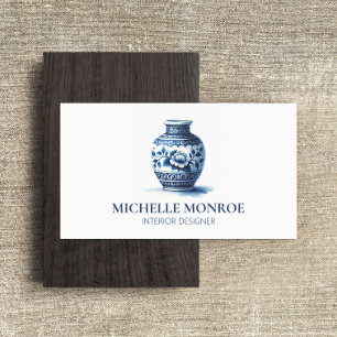 Elegant Watercolor Blue Ginger Jar Interior Design Business Card