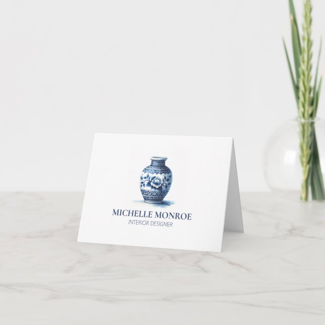 Elegant Watercolor Blue Ginger Jar Interior Design Card (Front)