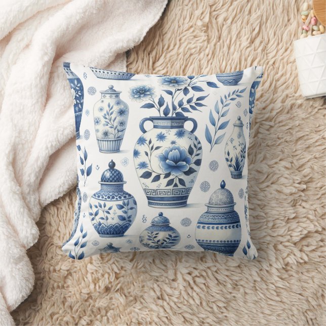 Elegant Watercolor Blue Ginger Jar Pattern Throw Pillow (Blanket)