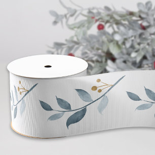 Elegant Watercolor Blue Greenery Grosgrain Ribbon