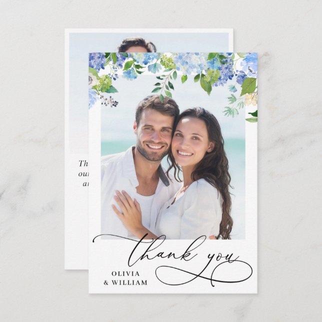 Elegant Watercolor Blue Hydrangea 2 Photo Thank You Card (Front/Back)