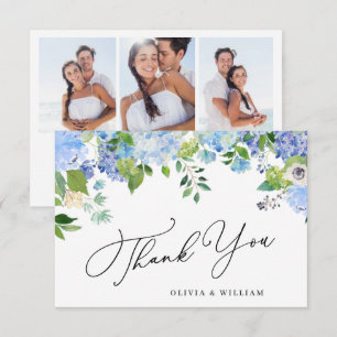 Elegant Watercolor Blue Hydrangea 3 Photo Thank You Card
