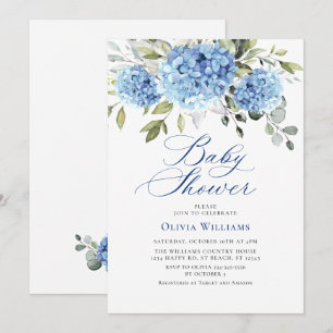 Elegant Watercolor Blue Hydrangea Baby Shower Invitation
