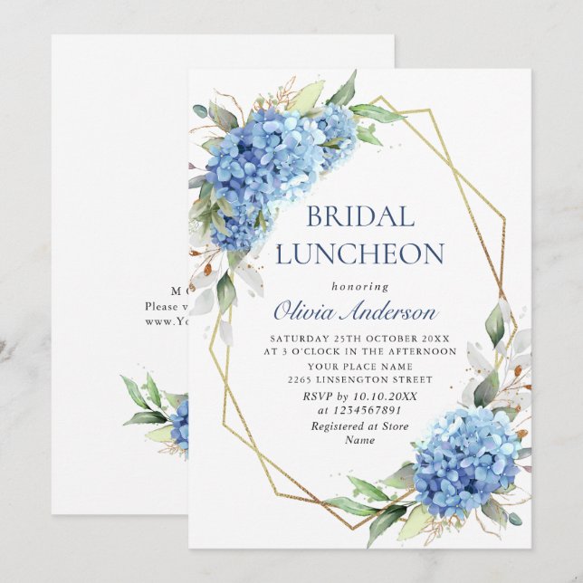 Elegant Watercolor Blue Hydrangea BRIDAL LUNCHEON Invitation (Front/Back)