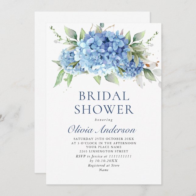 Elegant Watercolor Blue Hydrangea BRIDAL SHOWER Invitation (Front/Back)