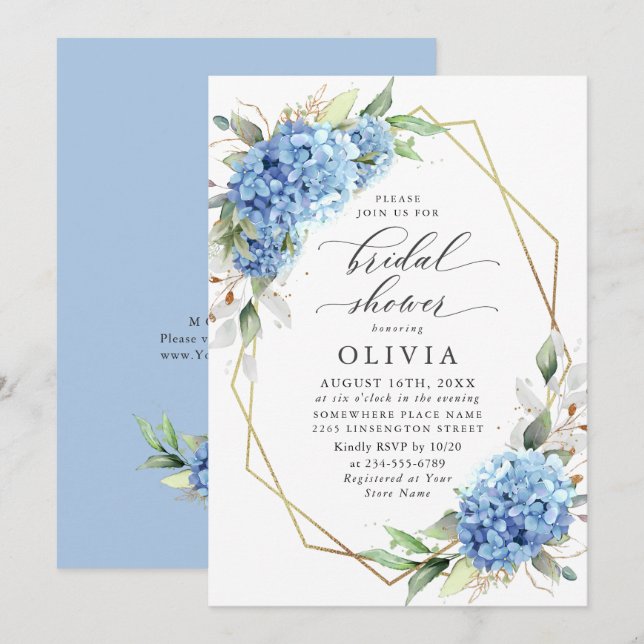 Elegant Watercolor Blue Hydrangea BRIDAL SHOWER Invitation (Front/Back)