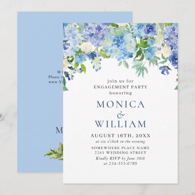 Elegant Watercolor Blue Hydrangea ENGAGEMENT PARTY Invitation (Front/Back)