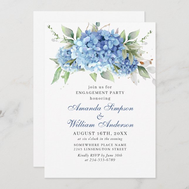 Elegant Watercolor Blue Hydrangea ENGAGEMENT PARTY Invitation (Front/Back)