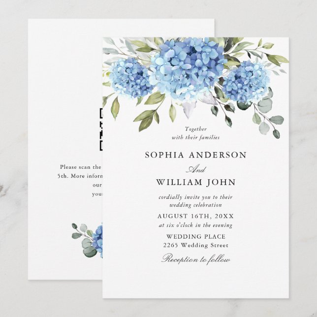 Elegant Watercolor Blue Hydrangea Flora Wedding Invitation (Front/Back)
