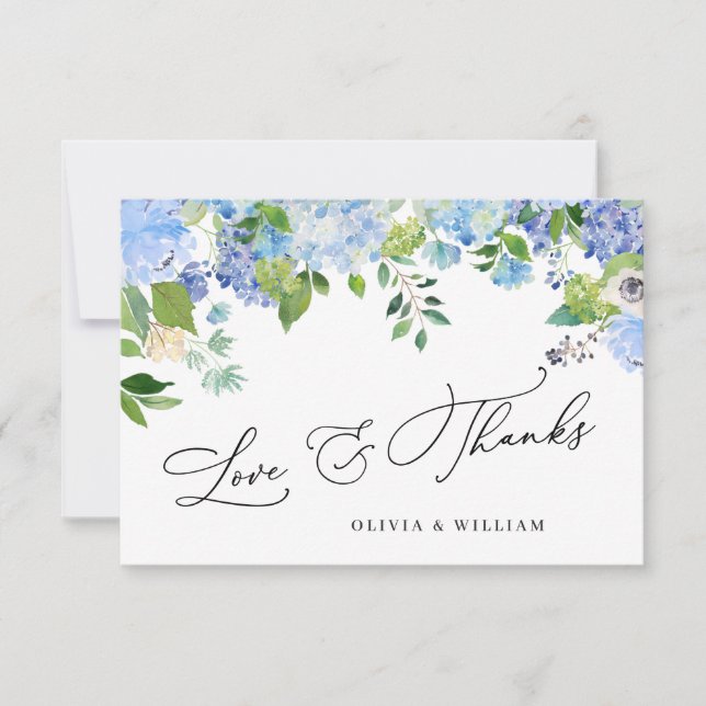 Elegant Watercolor Blue Hydrangea Floral Thank You Card (Front)