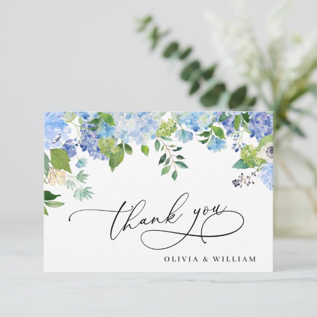 Elegant Watercolor Blue Hydrangea Floral Thank You Card (Standing Front)
