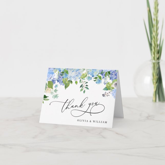Elegant Watercolor Blue Hydrangea Floral Thank You Card (Front)