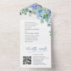 Elegant Watercolor Blue Hydrangea Floral Wedding All In One Invitation