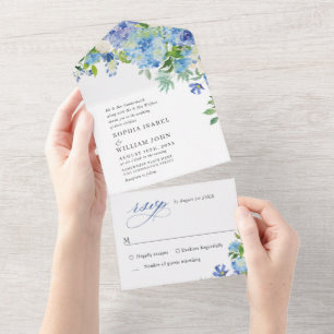 Elegant Watercolor Blue Hydrangea Floral Wedding All In One Invitation