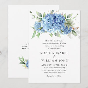 Elegant Watercolor Blue Hydrangea Floral Wedding Invitation