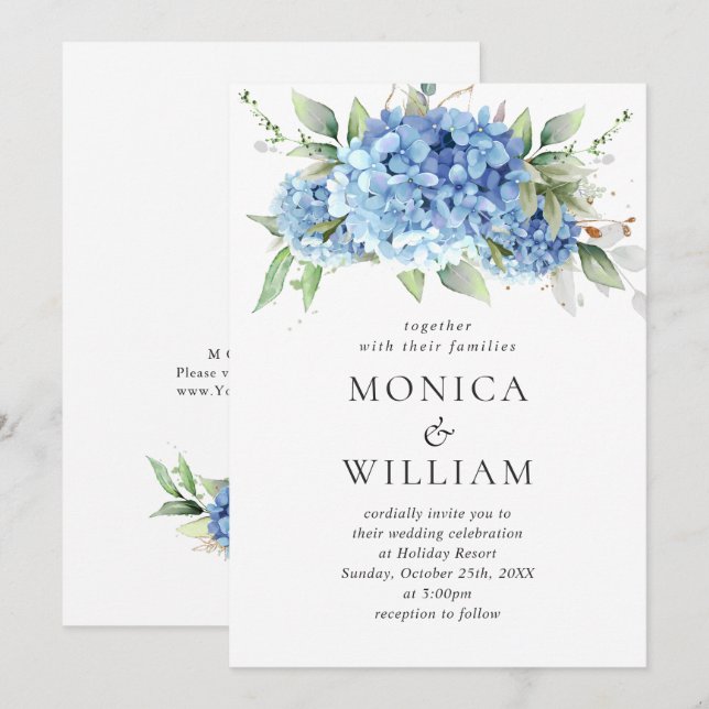 Elegant Watercolor Blue Hydrangea Floral Wedding Invitation (Front/Back)