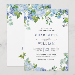 Elegant Watercolor Blue Hydrangea Floral Wedding Invitation
