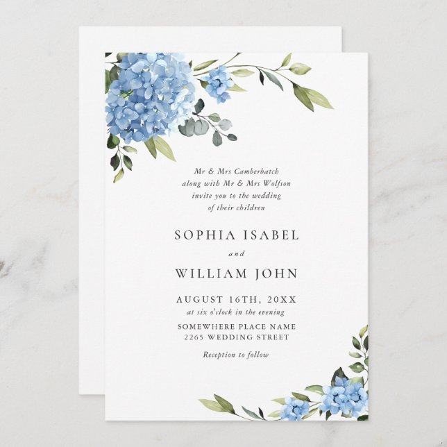 Elegant Watercolor Blue Hydrangea Floral Wedding Invitation (Front/Back)