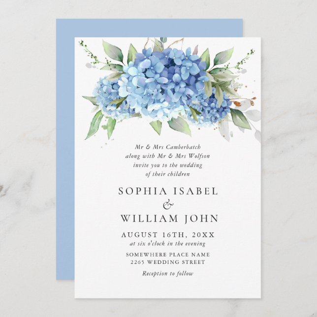 Elegant Watercolor Blue Hydrangea Floral Wedding Invitation (Front/Back)