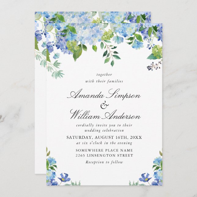 Elegant Watercolor Blue Hydrangea Floral Wedding Invitation (Front/Back)