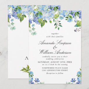 Elegant Watercolor Blue Hydrangea Floral Wedding Invitation