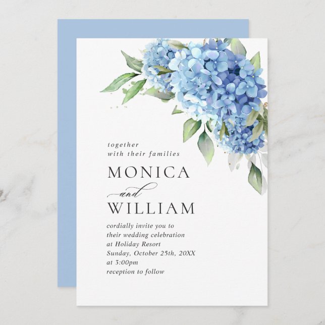 Elegant Watercolor Blue Hydrangea Floral Wedding Invitation (Front/Back)