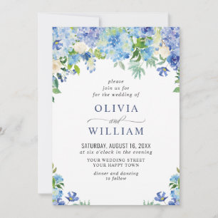 Elegant Watercolor Blue Hydrangea Floral Wedding Invitation